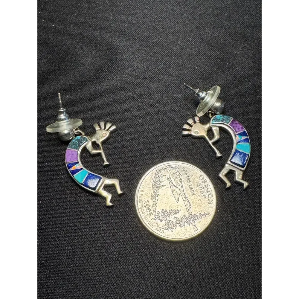 Sterling Navajo Kokopelli Earrings Signed by Artist Turquoise, Opal, Lapis
